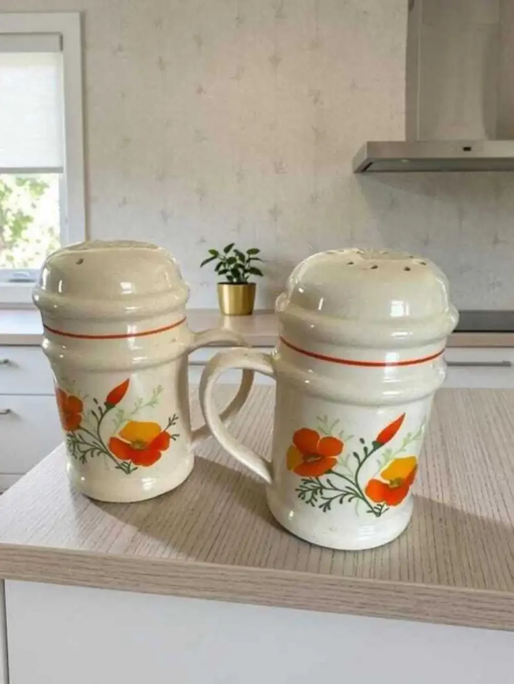 Salt & Pepper Shakers: Vintage California Poppy Stoneware (1970s Boho Style)
